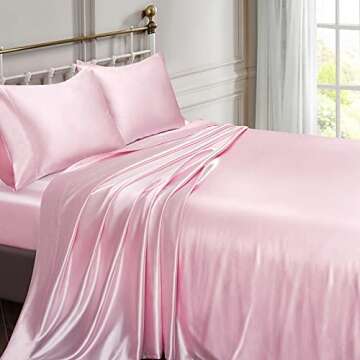 Vonty Satin Sheets Queen Size Silky Soft Satin Bed Sheets Pink Satin Sheet Set, 1 Deep Pocket Satin Fitted Sheets + 1 Flat Sheet + 2 Pillowcases