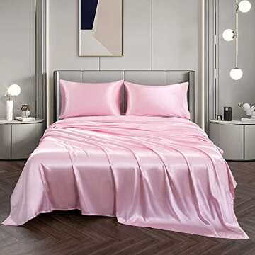 Vonty Satin Sheets Queen Size Silky Soft Satin Bed Sheets Pink Satin Sheet Set, 1 Deep Pocket Satin Fitted Sheets + 1 Flat Sheet + 2 Pillowcases