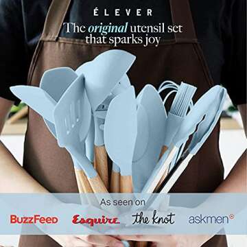 Kitchen Utensils Set - 20 Silicone Cooking Utensils for Non-stick Cookware. Wood Kitchen Utensils. B...