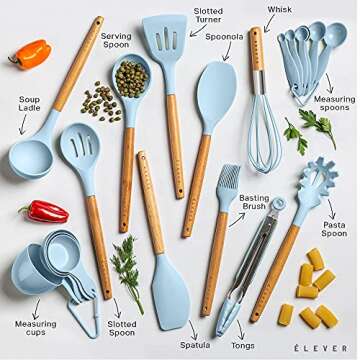 Kitchen Utensils Set - 20 Silicone Cooking Utensils for Non-stick Cookware. Wood Kitchen Utensils. BPA Free, Silicone Spatula Wooden Spoons Set Tongs. Best Chef Kitchen Gadgets Tool Set Gifts