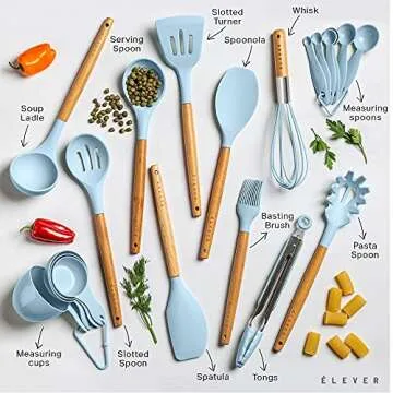 Kitchen Utensils Set - 20 Silicone Cooking Utensils for Non-stick Cookware. Wood Kitchen Utensils. BPA Free, Silicone Spatula Wooden Spoons Set Tongs. Best Chef Kitchen Gadgets Tool Set Gifts