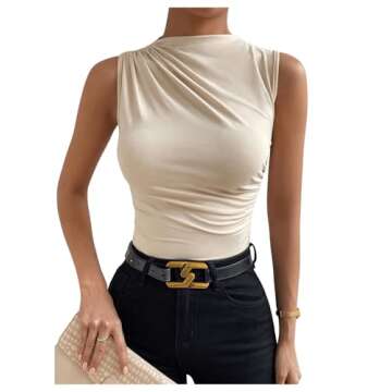 Milumia Women's Casual Ruched Mock Neck Tank Top Sleeveless Slim Fit Work Shirt Tops Apricot Small