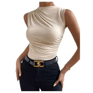 Milumia Women's Casual Ruched Mock Neck Tank Top Sleeveless Slim Fit Work Shirt Tops Apricot Small