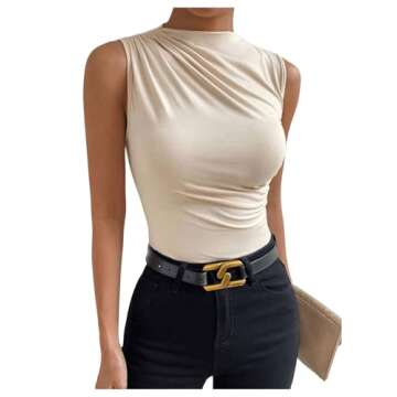 Milumia Women's Casual Ruched Mock Neck Tank Top Sleeveless Slim Fit Work Shirt Tops Apricot Small