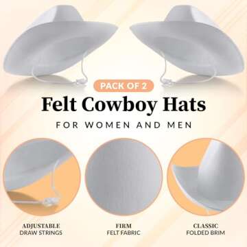 Bedwina White Cowboy Hat - (Pack of 2) for Adults with Adjustable Neck Drawstring, Dress-up Parties,...