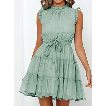 FARYSAYS Women's Summer Casual Dresses Elegant Ruffle Sleeveless Mock Neck Waist Tie Flowy Tiered Mini Dress Fashion 2023 Green Small
