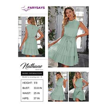 FARYSAYS Women's Summer Casual Dresses Elegant Ruffle Sleeveless Mock Neck Waist Tie Flowy Tiered Mini Dress Fashion 2023 Green Small