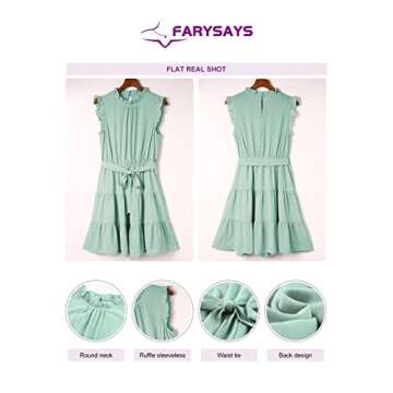 FARYSAYS Women's Summer Casual Dresses Elegant Ruffle Sleeveless Mock Neck Waist Tie Flowy Tiered Mini Dress Fashion 2023 Green Small