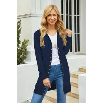 KAY SINN Long Cardigan Sweaters for Women Open Front Snap Button Knit Ribbed Cardigans Outfits 3X-Large 01-Navy BLUE-15
