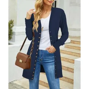KAY SINN Long Cardigan Sweaters for Women Open Front Snap Button Knit Ribbed Cardigans Outfits 3X-Large 01-Navy BLUE-15