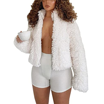 JIKAL Women’s Cozy Oversized Teddy Jacket with Pockets, White, Small