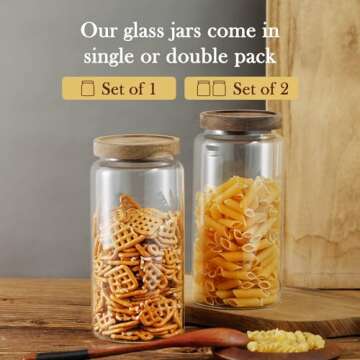 Labina Glass Storage Container Airtight Food Jars Kitchen Canister with Wood Lids, 40 Oz Wide Mouth Pantry Organization Glass Jar for Flour, Sugar, Cookie, Spagetti, Nuts and Candy