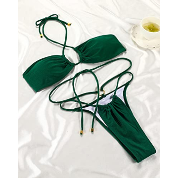 Women Cheeky Bikini Set Halter Thong Solid Color Adjustable Cinched String Two Piece Brazilian Swimsuit Triangle Bathing (Small, Dark Green)