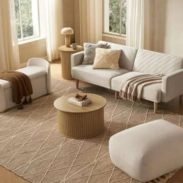 mopio Quin Pedestal Side Table, Tambour Round Fluted End Table, Small Accent Tables for Living Room, Mid Century Modern Night Stand, Circle Bedside Tables, Wood Nightstands for Bedroom (Light Oak)