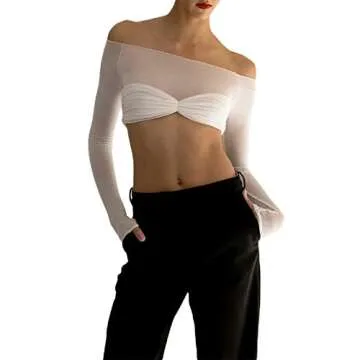 Women Off Shoulder Shirt Y2K White Long Sleeve Slim Fit Top Tee Sexy Streetwear Blouse Tops