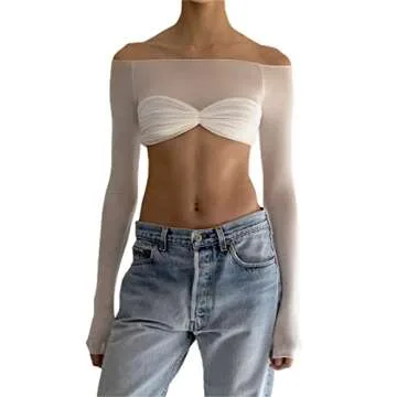 Women Off Shoulder Shirt Y2K White Long Sleeve Slim Fit Top Tee Sexy Streetwear Blouse Tops