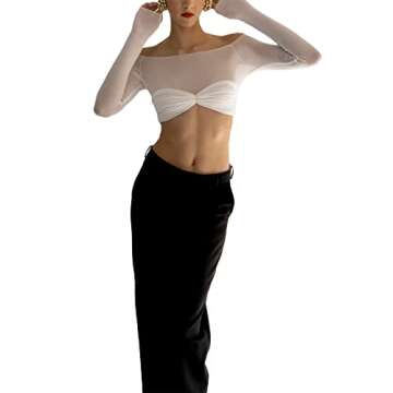 Women Off Shoulder Shirt Y2K White Long Sleeve Slim Fit Top Tee Sexy Streetwear Blouse Tops