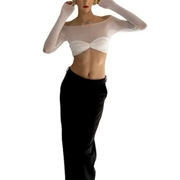 Women Off Shoulder Shirt Y2K White Long Sleeve Slim Fit Top Tee Sexy Streetwear Blouse Tops