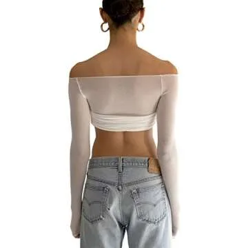 Women Off Shoulder Shirt Y2K White Long Sleeve Slim Fit Top Tee Sexy Streetwear Blouse Tops