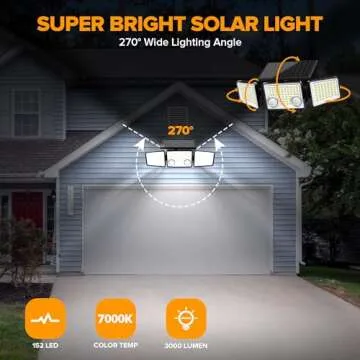 UME Solar Outdoor Lights 3000 Lumen 7000K, 152 LED Super Bright Motion Sensor Outdoor Lights with 2 Sensors, IP65 Waterproof 270 Wide Angle Solar Flood Lights with 3 Modes for Garden Pation