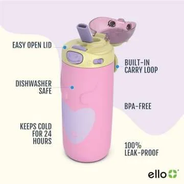 Ello Ellies 12oz Vacuum Insulated Stainless Steel Kids Water Bottle with Straw and Built-in Carrying Handle and Leak-Proof Locking Lid for School Backpack, Lunchbox and Outdoor Sports, Unicorn