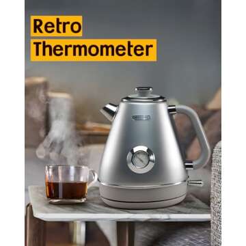 Hazel Quinn Retro Electric Kettle - 1.7 Liters / 57.5 Ounces Tea Kettle with Thermometer, All Stainl...