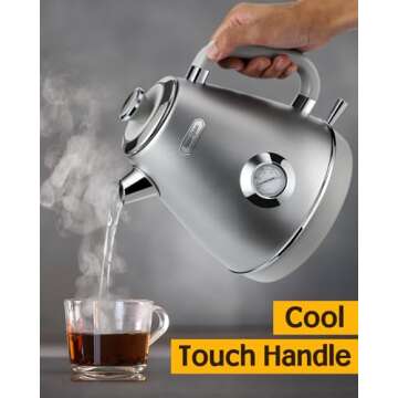 Hazel Quinn Retro Electric Kettle - 1.7 Liters / 57.5 Ounces Tea Kettle with Thermometer, All Stainless Steel, Fast Boiling 1200 W, BPA-free, Cordless, Rotational Base, Automatic Shut Off - Space Gray