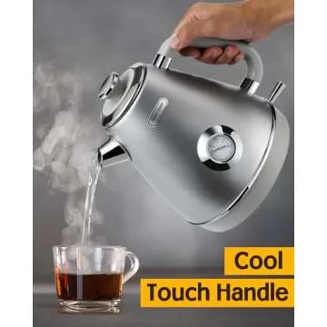 Hazel Quinn Retro Electric Kettle - 1.7 Liters / 57.5 Ounces Tea Kettle with Thermometer, All Stainless Steel, Fast Boiling 1200 W, BPA-free, Cordless, Rotational Base, Automatic Shut Off - Space Gray