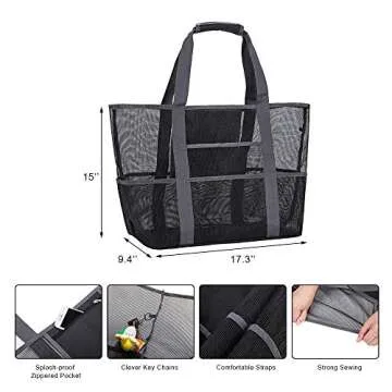 Mesh Beach Bag,Toy Tote Bag with Waterproof Inside Pockets for iPad,Lightweight & Foldable Mesh Tote Bag for Beach, Picnic