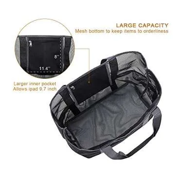 Mesh Beach Bag,Toy Tote Bag with Waterproof Inside Pockets for iPad,Lightweight & Foldable Mesh Tote Bag for Beach, Picnic