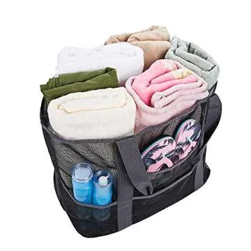 Mesh Beach Bag,Toy Tote Bag with Waterproof Inside Pockets for iPad,Lightweight & Foldable Mesh Tote Bag for Beach, Picnic