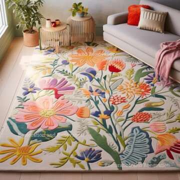 Restoration and Renovation Handmade Wool Floral Area Rug for Living Room | Elegant Flower Garden Des...