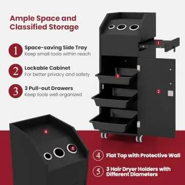 Giantex Salon Cart for Hair Stylists, Lockable Wood Trolley Cart on Wheels, 3-Drawer Storage Cabinet, Side Tool Tray, Hair Dryer Holders, Rolling Salon Station for Beauty Spa Barber Tattoo