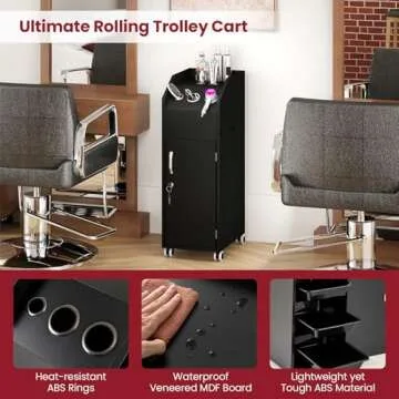 Giantex Salon Cart for Hair Stylists, Lockable Wood Trolley Cart on Wheels, 3-Drawer Storage Cabinet, Side Tool Tray, Hair Dryer Holders, Rolling Salon Station for Beauty Spa Barber Tattoo