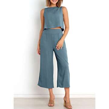 ANRABESS Women's Summer 2 Piece Outfits Sleeveless Crop Top Capri Wide Leg Pants Jumpsuit Casual Linen Lounge Matching Sets Beach Travel 2025 Trendy Clothes Gray Blue Large