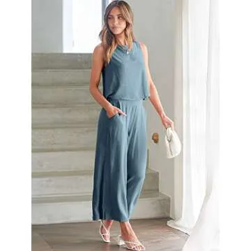 ANRABESS Women's Summer 2 Piece Outfits Sleeveless Crop Top Capri Wide Leg Pants Jumpsuit Casual Linen Lounge Matching Sets Beach Travel 2025 Trendy Clothes Gray Blue Large