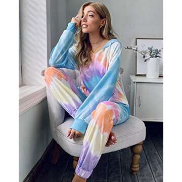 KIRUNDO Women’s Tie Dye Pajamas Set Long Sleeves Jogger PJ Sets Two Pieces Round Neck Loungewear Nightwear Sleepwear Blue