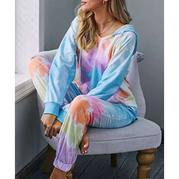 KIRUNDO Women’s Tie Dye Pajamas Set Long Sleeves Jogger PJ Sets Two Pieces Round Neck Loungewear Nightwear Sleepwear Blue