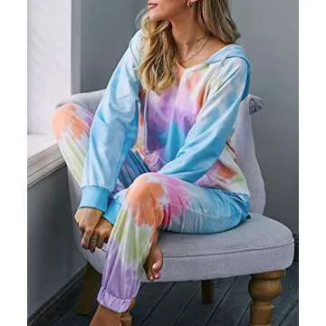 KIRUNDO Women’s Tie Dye Pajamas Set Long Sleeves Jogger PJ Sets Two Pieces Round Neck Loungewear Nightwear Sleepwear Blue