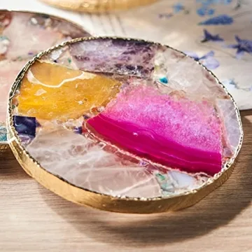 Rainbow Agate Coasters Set of 4 with Gold Edge