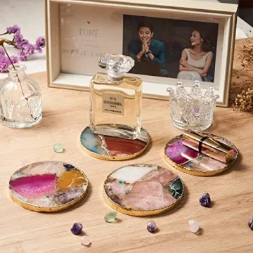 Rainbow Agate Coasters Set of 4 with Gold Edge
