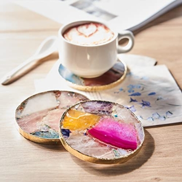 Rainbow Agate Coasters Set of 4 with Gold Edge