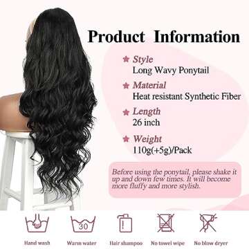 Earfodo Long Wavy Ponytail Extension, Drawstring Black Color 24" Synthetic Clip in Ponytail Extension for Women