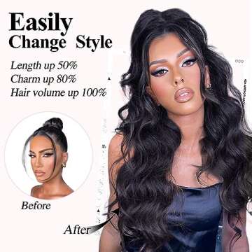 Earfodo Long Wavy Ponytail Extension, Drawstring Black Color 24" Synthetic Clip in Ponytail Extension for Women