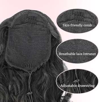 Earfodo Long Wavy Ponytail Extension, Drawstring Black Color 24" Synthetic Clip in Ponytail Extension for Women