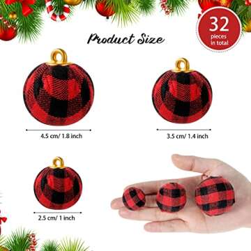 32 Pieces Christmas Plaid Ball Ornaments, Buffalo Check Fabric Balls for Holiday Cheer