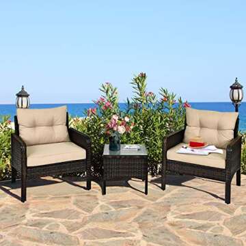 HAPPYGRILL 3 Pieces Patio Furniture Set Outdoor Rattan Wicker Coffee Table & Chairs Set with Seat Cu...