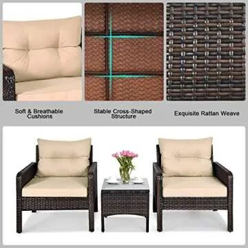 HAPPYGRILL 3 Pieces Rattan Patio Furniture Set