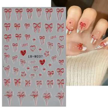 Heart Bows Nail Art Stickers Heart Bows Nail Decals Black White Red Pink Bow Tie Nail Design Stickers for Nail Art Supplies Valentines Nail Stickers for Women Girls DIY Acrylic Nails Decoration