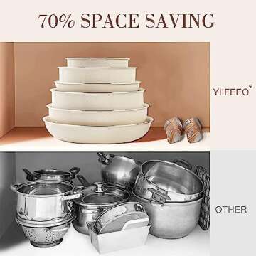 Nonstick Cookware Set - YIIFEEO Stackable Pots and Pans Set Detachable Handle Camping Cookware Granite Kitchen Cookware Sets Removable Handle, Non Toxic Nonstick Frying Pans for Cooking Set Gift Beige